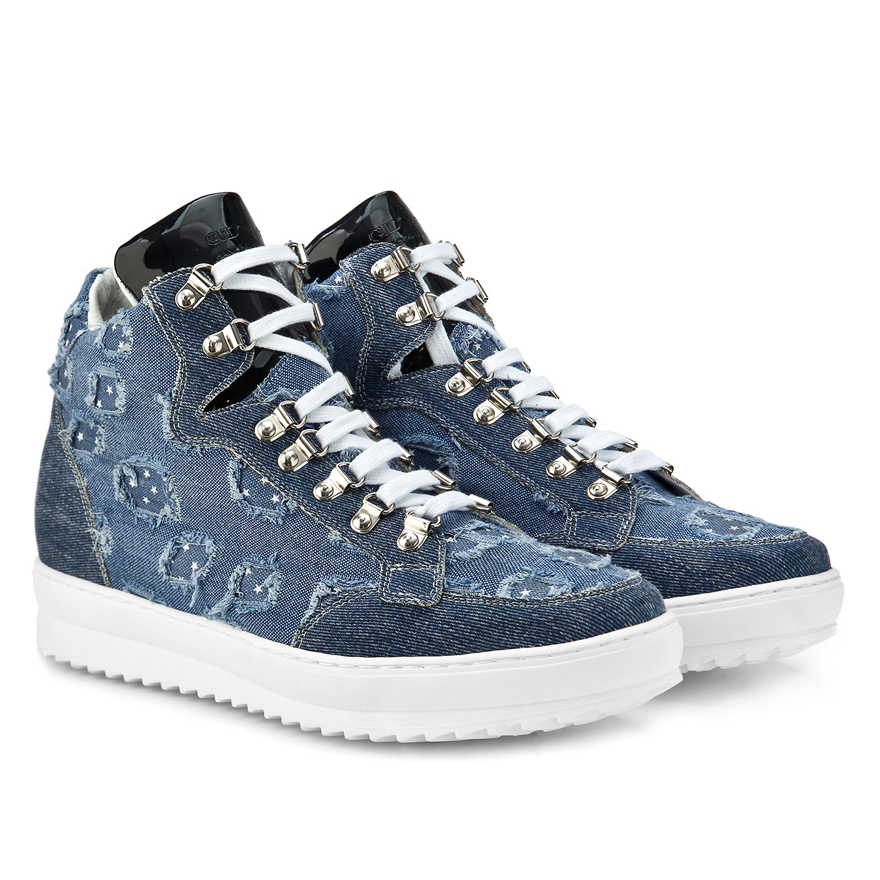 Denim - Elevator Sneakers in Leather/fabric mix from 2.4 to 4 inches
